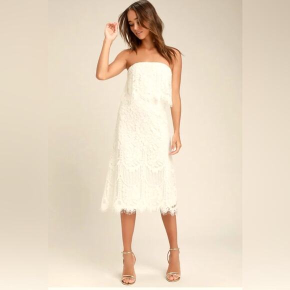 Lulus NWT White Lace Strapless Midi Dress medium - Picture 1 of 12